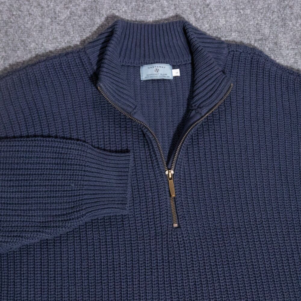Castaway Nantucket 1/4 Zip Chunky Knit Cotton Fisherman Sweater Navy Blue Large